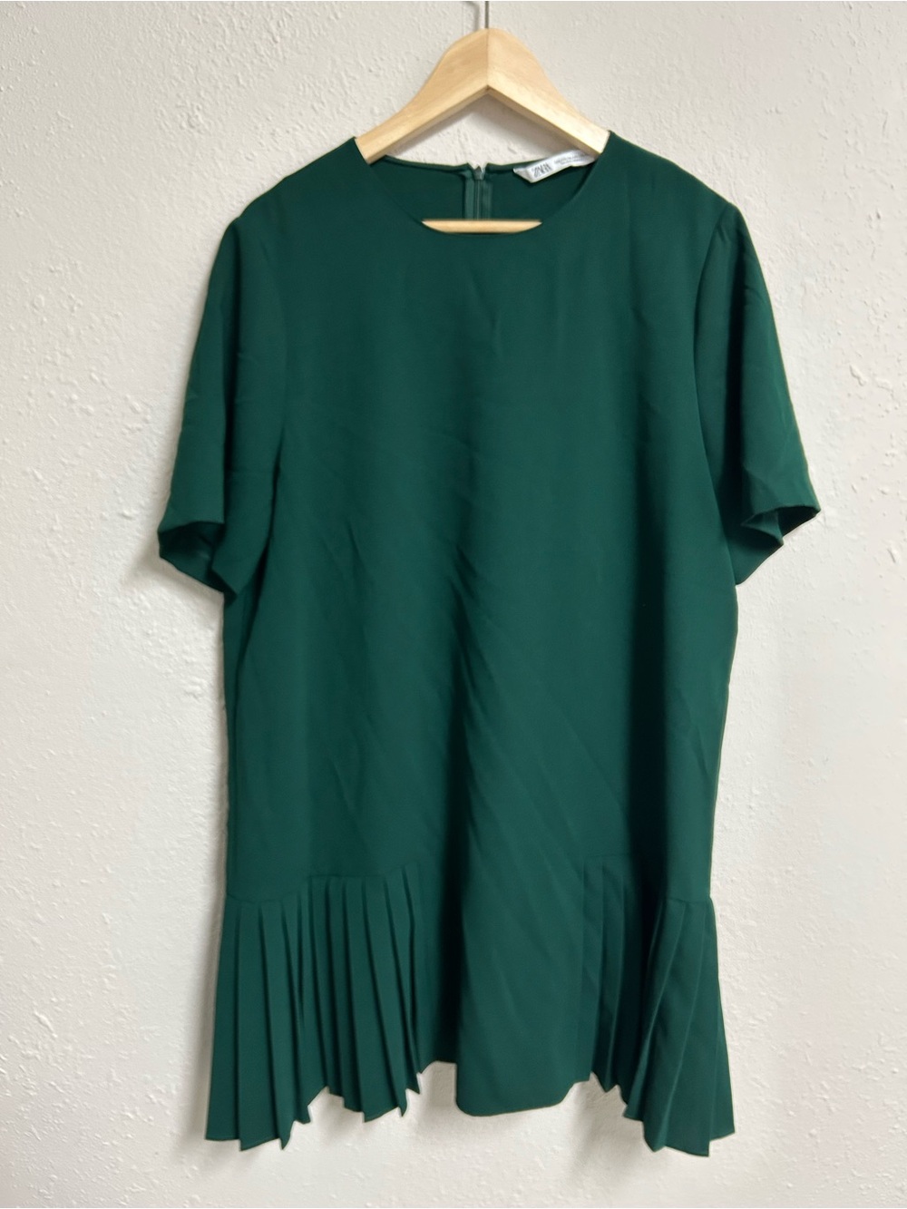 Zara Forest Green Drop Waist Accordion Pleated Hem Tunic Blouse Top XXL